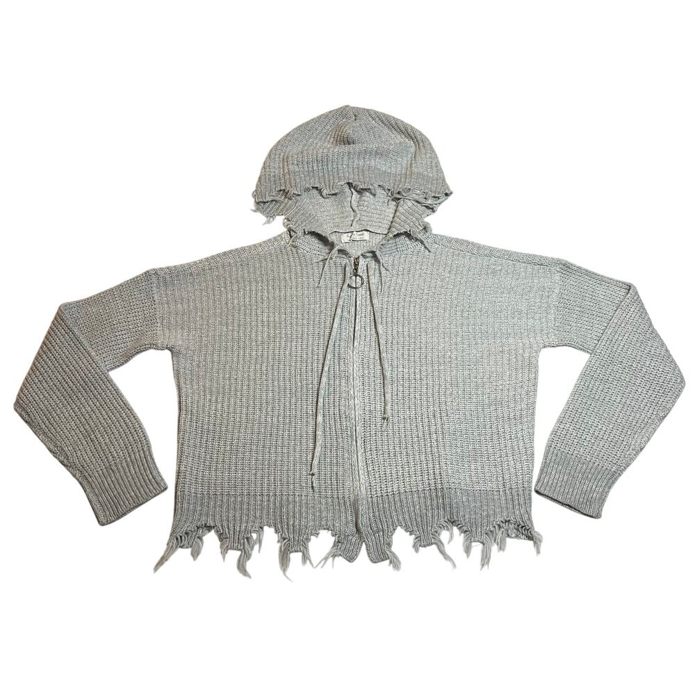 Full Circle Trends Crop Knit Full Zip Hoodie Sweater Jacket w/ Raw Hem Size L